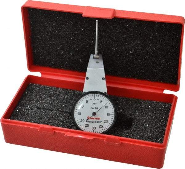 Starrett - 0.06 Inch Range, 0.001 Inch Dial Graduation, Horizontal Dial Test Indicator - 1-3/8 Inch White Dial, 0-30-0 Dial Reading - Industrial Tool & Supply