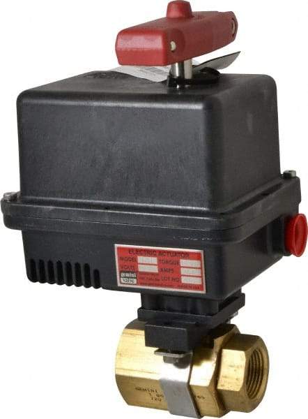Gemini Valve - 1" Pipe, 720 psi WOG Rating Brass Electric Actuated Ball Valve - Reinforced PTFE Seal, Standard Port, Threaded (NPT) End Connection - Industrial Tool & Supply