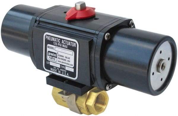 Gemini Valve - 1-1/2" Pipe, 720 psi WOG Rating Brass Pneumatic Spring Return with Solenoid Actuated Ball Valve - Reinforced PTFE Seal, Standard Port, Threaded (NPT) End Connection - Industrial Tool & Supply