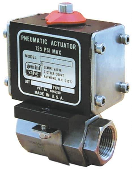 Gemini Valve - 2" Pipe, 720 psi WOG Rating Stainless Steel Pneumatic Double Acting with Solenoid Actuated Ball Valve - Reinforced PTFE Seal, Standard Port, Threaded (NPT) End Connection - Industrial Tool & Supply