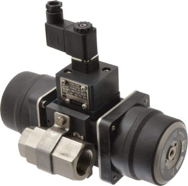 Gemini Valve - 3/4" Pipe, 720 psi WOG Rating Stainless Steel Pneumatic Spring Return with Solenoid Actuated Ball Valve - Reinforced PTFE Seal, Standard Port, Threaded (NPT) End Connection - Industrial Tool & Supply