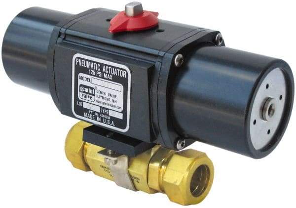 Gemini Valve - 1" Pipe, 1,000 psi WOG Rating Brass Pneumatic Spring Return with Solenoid Actuated Ball Valve - Reinforced PTFE Seal, Standard Port, TYLOK (Compression) End Connection - Industrial Tool & Supply