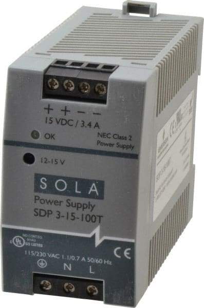 Sola/Hevi-Duty - 100 Watt, 4.2 to 3.4 Amp, 264 VAC, 375 VDC Input, 12 to 15 VDC Output, DIN Rail Power Supply - Screw Terminal Connection, 1 Output, 1.77 Inch Wide x 3.58 Inch Deep x 2.95 Inch High, Up to 86% Efficiency, 14 to 140°F, Green LED Display - Industrial Tool & Supply
