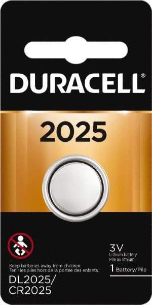 Duracell - Size 2025, Lithium, 1 Pack, Button & Coin Cell Battery - 3 Volts, Flat Terminal, CR2025 - Industrial Tool & Supply