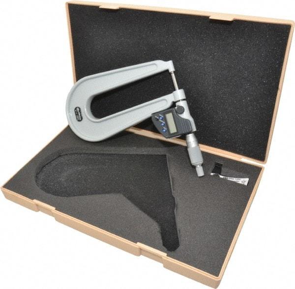 Mitutoyo - 0 to 1 Inch Range, 0.0001 Inch Resolution, Deep Throat, IP65 Electronic Outside Micrometer - 0.0002 Inch Accuracy, 6.3 Inch Throat, Ratchet Stop Thimble, Carbide Face, SR44 Battery, Data Output, Includes Plastic Case - Industrial Tool & Supply