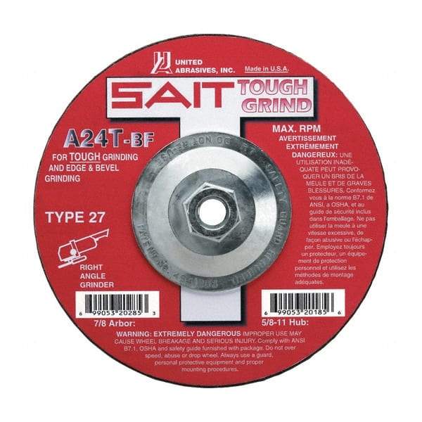Sait - 24 Grit, 7" Wheel Diam, 1/4" Wheel Thickness, Type 27 Depressed Center Wheel - Aluminum Oxide, Resinoid Bond, T Hardness, 8,500 Max RPM, Compatible with Angle Grinder - Industrial Tool & Supply