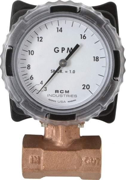 Made in USA - 1" NPT Port RCM Industries Flo-Gage Flowmeter - 180 Max psi, 3 to 20 GPM, Bronze - Industrial Tool & Supply