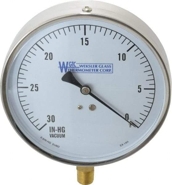 WGTC - 4-1/2" Dial, 1/4 Thread, 30-0 Scale Range, Pressure Gauge - Lower Connection Mount, Accurate to 1% of Scale - Industrial Tool & Supply