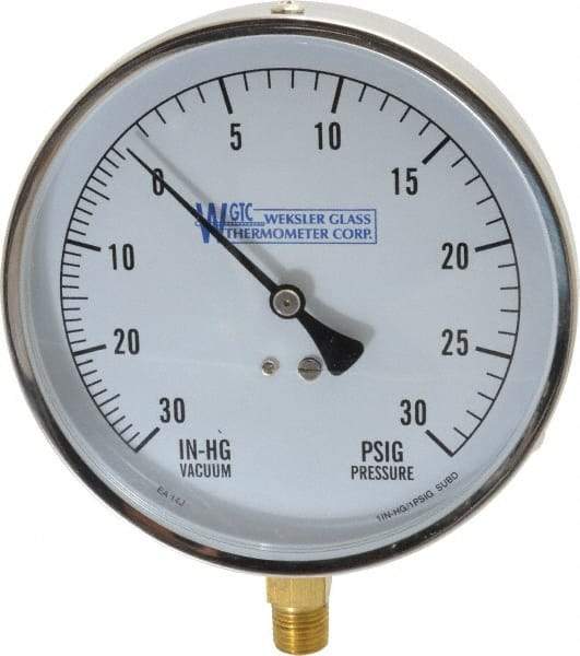 WGTC - 4-1/2" Dial, 1/4 Thread, 30-0-30 Scale Range, Pressure Gauge - Lower Connection Mount, Accurate to 1% of Scale - Industrial Tool & Supply