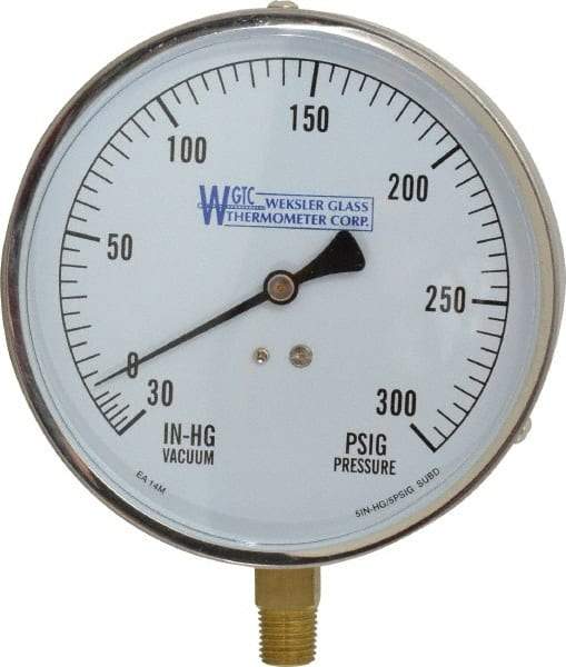 WGTC - 4-1/2" Dial, 1/4 Thread, 30-0-300 Scale Range, Pressure Gauge - Lower Connection Mount, Accurate to 1% of Scale - Industrial Tool & Supply