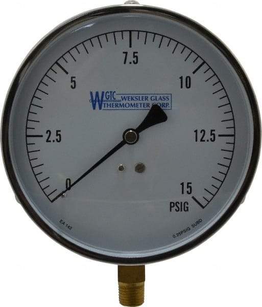 WGTC - 4-1/2" Dial, 1/4 Thread, 0-15 Scale Range, Pressure Gauge - Lower Connection Mount, Accurate to 1% of Scale - Industrial Tool & Supply