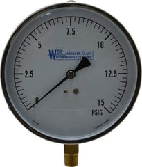 WGTC - 4-1/2" Dial, 1/4 Thread, 0-15 Scale Range, Pressure Gauge - Lower Connection Mount, Accurate to 1% of Scale - Industrial Tool & Supply