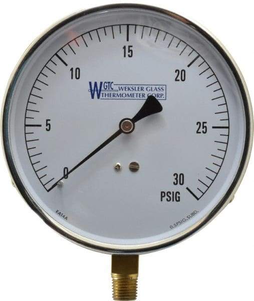 WGTC - 4-1/2" Dial, 1/4 Thread, 0-30 Scale Range, Pressure Gauge - Lower Connection Mount, Accurate to 1% of Scale - Industrial Tool & Supply