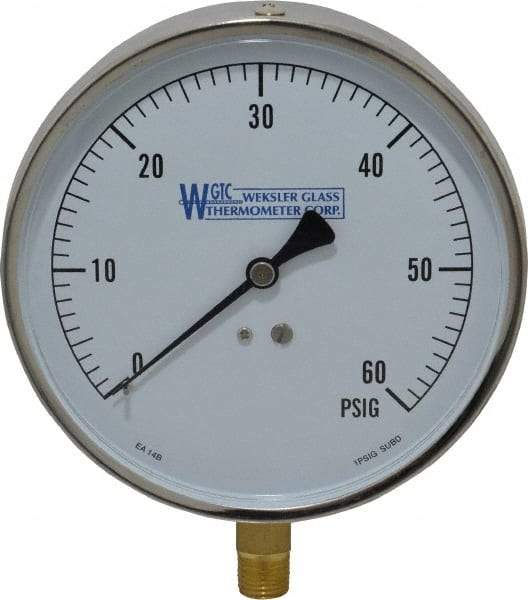WGTC - 4-1/2" Dial, 1/4 Thread, 0-60 Scale Range, Pressure Gauge - Lower Connection Mount, Accurate to 1% of Scale - Industrial Tool & Supply