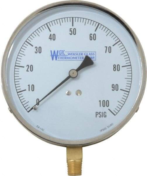 WGTC - 4-1/2" Dial, 1/4 Thread, 0-100 Scale Range, Pressure Gauge - Lower Connection Mount, Accurate to 1% of Scale - Industrial Tool & Supply