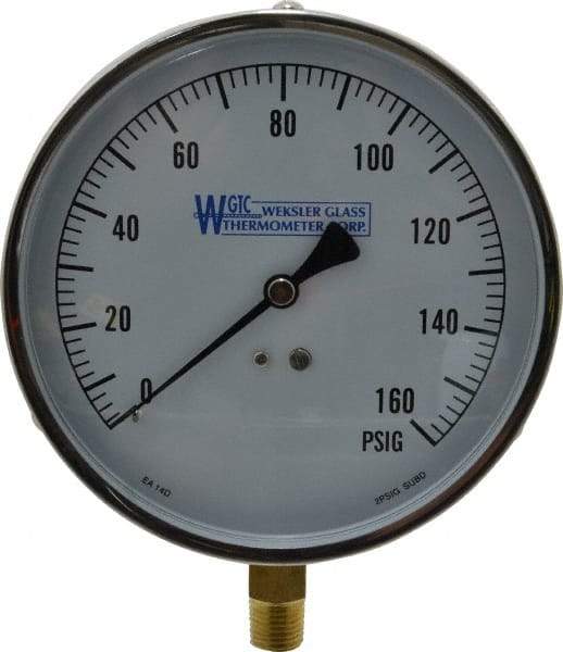 WGTC - 4-1/2" Dial, 1/4 Thread, 0-160 Scale Range, Pressure Gauge - Lower Connection Mount, Accurate to 1% of Scale - Industrial Tool & Supply