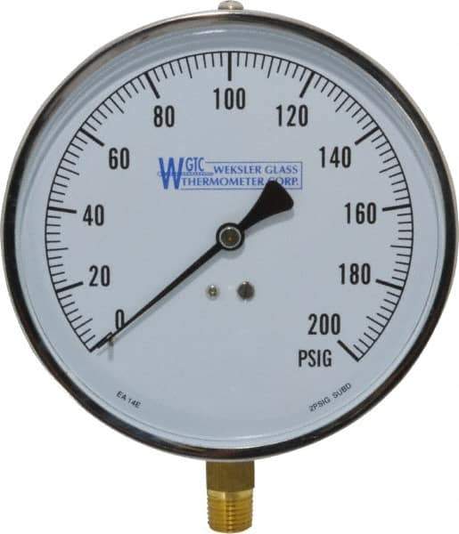 WGTC - 4-1/2" Dial, 1/4 Thread, 0-200 Scale Range, Pressure Gauge - Lower Connection Mount, Accurate to 1% of Scale - Industrial Tool & Supply