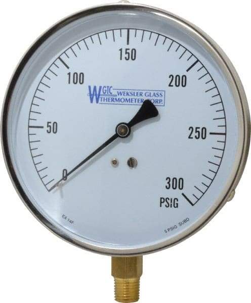 WGTC - 4-1/2" Dial, 1/4 Thread, 0-300 Scale Range, Pressure Gauge - Lower Connection Mount, Accurate to 1% of Scale - Industrial Tool & Supply