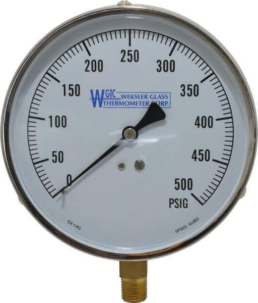 WGTC - 4-1/2" Dial, 1/4 Thread, 0-500 Scale Range, Pressure Gauge - Lower Connection Mount, Accurate to 1% of Scale - Industrial Tool & Supply