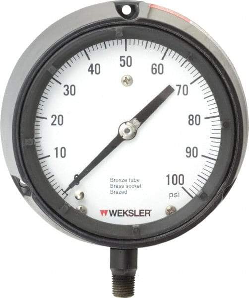 Made in USA - 4-1/2" Dial, 1/4 Thread, 0-100 Scale Range, Pressure Gauge - Lower Connection Mount, Accurate to 1% of Scale - Industrial Tool & Supply