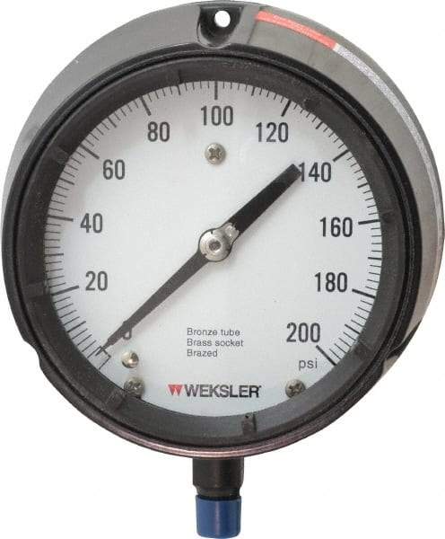 Made in USA - 4-1/2" Dial, 1/4 Thread, 0-200 Scale Range, Pressure Gauge - Lower Connection Mount, Accurate to 1% of Scale - Industrial Tool & Supply