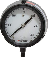 Made in USA - 4-1/2" Dial, 1/4 Thread, 0-300 Scale Range, Pressure Gauge - Lower Connection Mount, Accurate to 1% of Scale - Industrial Tool & Supply