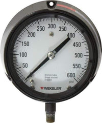 Made in USA - 4-1/2" Dial, 1/4 Thread, 0-600 Scale Range, Pressure Gauge - Lower Connection Mount, Accurate to 1% of Scale - Industrial Tool & Supply