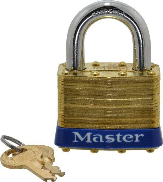 Master Lock - 1" Shackle Clearance, Keyed Alike Laminated Brass Padlock - 3/8" Shackle Diam, Brass - Industrial Tool & Supply