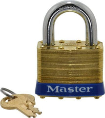 Master Lock - 1" Shackle Clearance, Keyed Alike Laminated Brass Padlock - 3/8" Shackle Diam, Brass - Industrial Tool & Supply