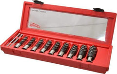 Milwaukee Tool - 9 Piece, 1/2 to 15/16" Cutter Diam, 2" Cutting Depth, Steel Annular Cutter Set - Bright Finish, 3/4" Shank Diam, 1/2", 9/16", 5/8", 11/16", 3/4", 13/16", 7/8", 15/16", 1-1/16" Cutter Diams, 2 Flats on Shank - Industrial Tool & Supply