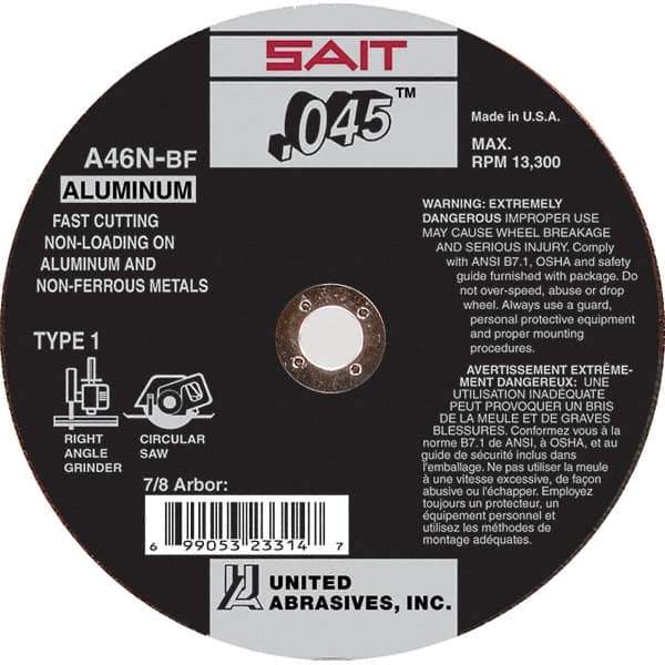Sait - 4-1/2" 46 Grit Aluminum Oxide Cutoff Wheel - 0.045" Thick, 7/8" Arbor, 13,300 Max RPM, Use with Angle Grinders - Industrial Tool & Supply