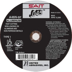 Sait - 4-1/2" 46 Grit Aluminum Oxide Cutoff Wheel - 0.045" Thick, 7/8" Arbor, 13,300 Max RPM, Use with Angle Grinders - Industrial Tool & Supply