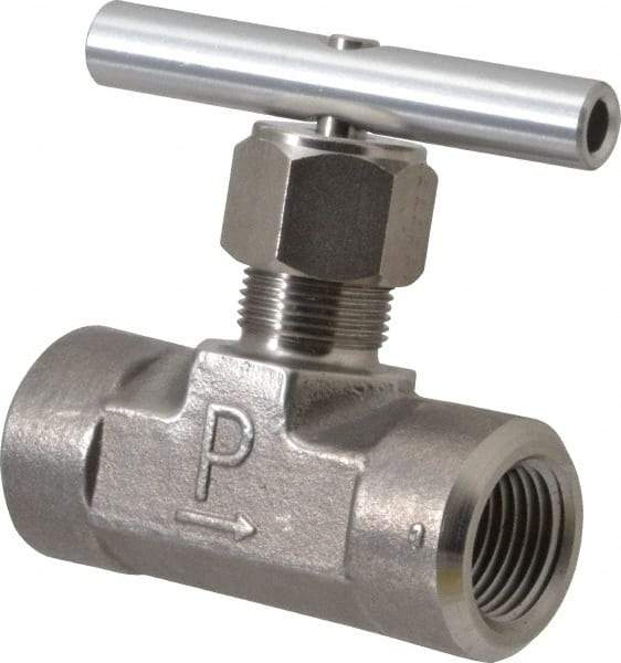 Parker - 5,000 Max psi, 1/2" Pipe, 316 Grade Stainless Steel, Inline Instrumentation Needle Valve - FNPT x FNPT End Connections - Industrial Tool & Supply