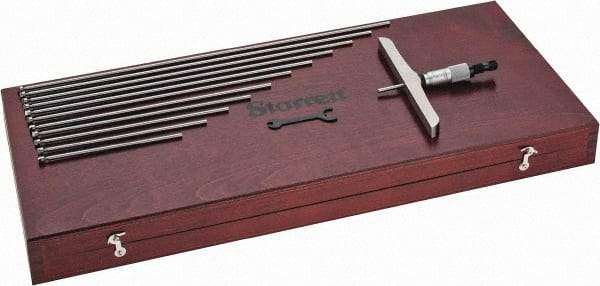 Starrett - 0 to 12" Range, 12 Rod, Satin Chrome Finish Mechanical Depth Micrometer - Ratchet Stop Thimble, 6" Base Length, 0.001" Graduation, 5/32" Rod Diam - Industrial Tool & Supply