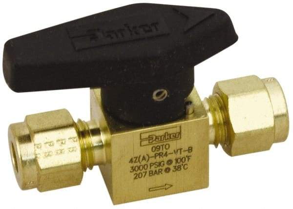 Parker - 1/4" Pipe, 3,000 psi WOG Rating, Brass, Inline, One Way Instrumentation Plug Valve - Wedge Handle, Compression x Compression CPI End Connections, Viton Seal - Industrial Tool & Supply