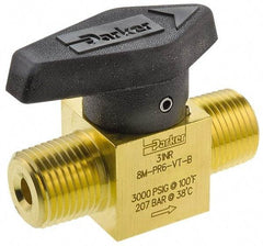 Parker - 1/2" Pipe, 3,000 psi WOG Rating, Brass, Inline, One Way Instrumentation Plug Valve - Wedge Handle, MNPT x MNPT End Connections, Viton Seal - Industrial Tool & Supply