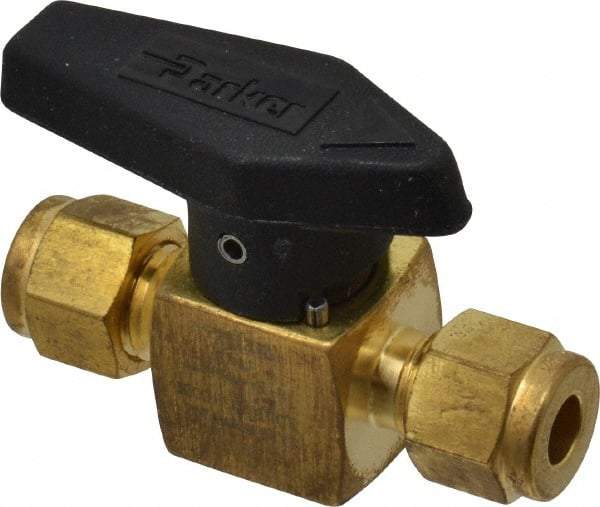Parker - 1/4" Pipe, 3,000 psi WOG Rating, Brass, Inline, One Way Instrumentation Plug Valve - Wedge Handle, Viton Seal - Industrial Tool & Supply