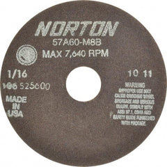 Norton - 6" 60 Grit Aluminum Oxide Cutoff Wheel - 1/16" Thick, 1-1/4" Arbor, 7,640 Max RPM, Use with Stationary Grinders - Industrial Tool & Supply