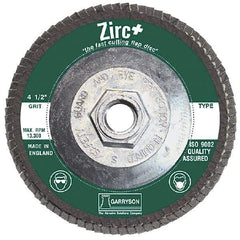 Garryson - 36 Grit, 4-1/2" Disc Diam, 5/8-11 Center Hole, Type 29 Zirconia Alumina Flap Disc - 13,300 Max RPM, Fiberglass Backing, Arbor Attaching System, Coated - Industrial Tool & Supply