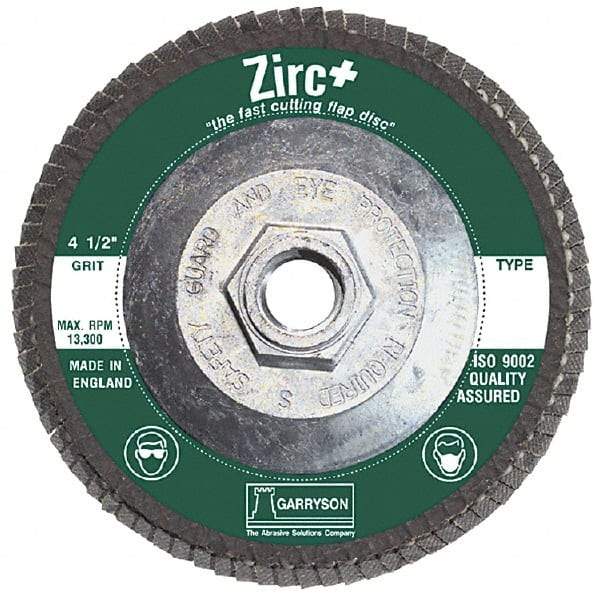 Garryson - 80 Grit, 4-1/2" Disc Diam, 5/8-11 Center Hole, Type 29 Zirconia Alumina Flap Disc - 13,300 Max RPM, Fiberglass Backing, Arbor Attaching System, Coated - Industrial Tool & Supply