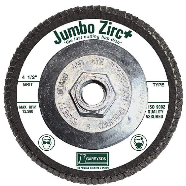 Garryson - 40 Grit, 7" Disc Diam, 5/8-11 Center Hole, Type 29 Zirconia Alumina Flap Disc - 8,600 Max RPM, Fiberglass Backing, Arbor Attaching System, Coated - Industrial Tool & Supply