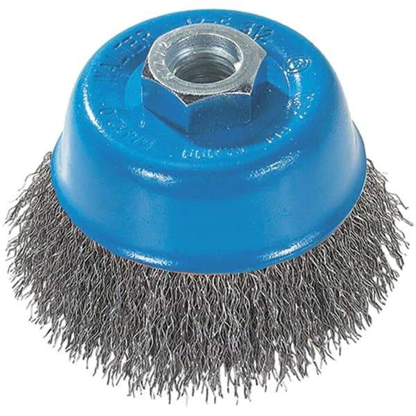 WALTER Surface Technologies - 3" Diam, 5/8-11 Threaded Arbor, Stainless Steel Fill Cup Brush - 0.0118 Wire Diam, 12,000 Max RPM - Industrial Tool & Supply