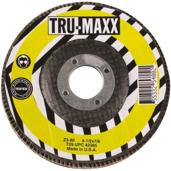 Tru-Maxx - 80 Grit, 4-1/2" Disc Diam, 5/8-11 Center Hole, Type 27 Zirconia Alumina Flap Disc - 13,300 Max RPM, Arbor Attaching System, Coated - Industrial Tool & Supply