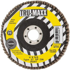 Tru-Maxx - 36 Grit, 4" Disc Diam, 5/8" Center Hole, Type 27 Zirconia Alumina Flap Disc - 15,300 Max RPM, Arbor Attaching System, Coated - Industrial Tool & Supply