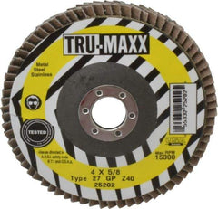 Tru-Maxx - 40 Grit, 4" Disc Diam, 5/8" Center Hole, Type 27 Zirconia Alumina Flap Disc - 15,300 Max RPM, Arbor Attaching System, Coated - Industrial Tool & Supply