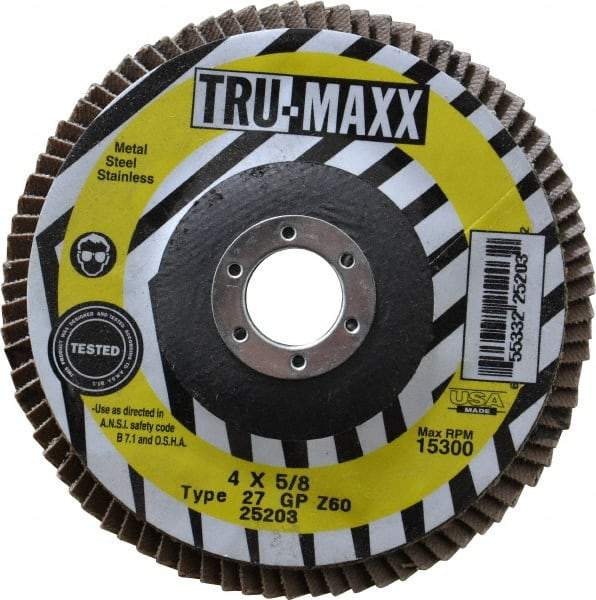 Tru-Maxx - 60 Grit, 4" Disc Diam, 5/8" Center Hole, Type 27 Zirconia Alumina Flap Disc - 15,300 Max RPM, Arbor Attaching System, Coated - Industrial Tool & Supply