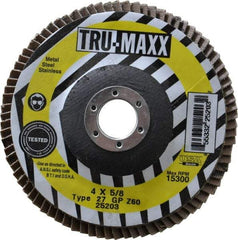 Tru-Maxx - 60 Grit, 4" Disc Diam, 5/8" Center Hole, Type 27 Zirconia Alumina Flap Disc - 15,300 Max RPM, Arbor Attaching System, Coated - Industrial Tool & Supply