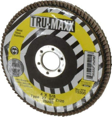 Tru-Maxx - 120 Grit, 4" Disc Diam, 5/8" Center Hole, Type 27 Zirconia Alumina Flap Disc - 15,300 Max RPM, Arbor Attaching System, Coated - Industrial Tool & Supply