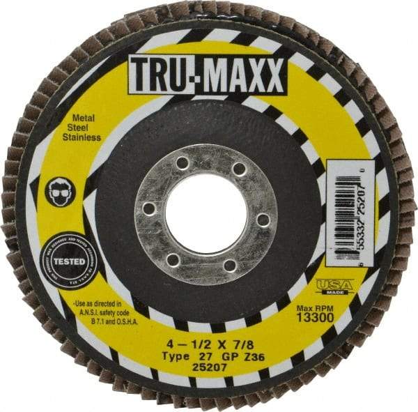 Tru-Maxx - 36 Grit, 4-1/2" Disc Diam, 7/8" Center Hole, Type 27 Zirconia Alumina Flap Disc - 13,300 Max RPM, Arbor Attaching System, Coated - Industrial Tool & Supply
