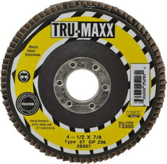 Tru-Maxx - 36 Grit, 4-1/2" Disc Diam, 7/8" Center Hole, Type 27 Zirconia Alumina Flap Disc - 13,300 Max RPM, Arbor Attaching System, Coated - Industrial Tool & Supply